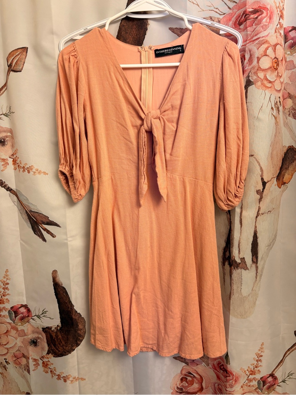 Small Tie-Front Peach Dress with Puff Sleeves